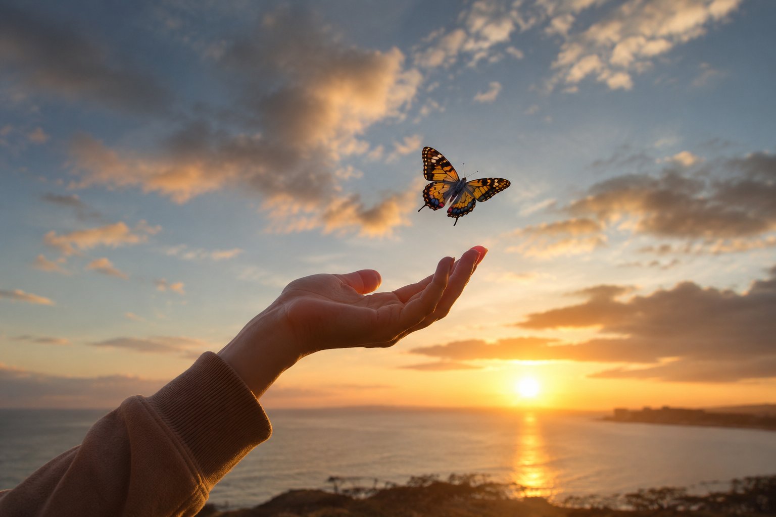 Una mano libera una mariposa frente al amanecer, símbolo de liberar lo que pesa con la hipnosis terapéutica