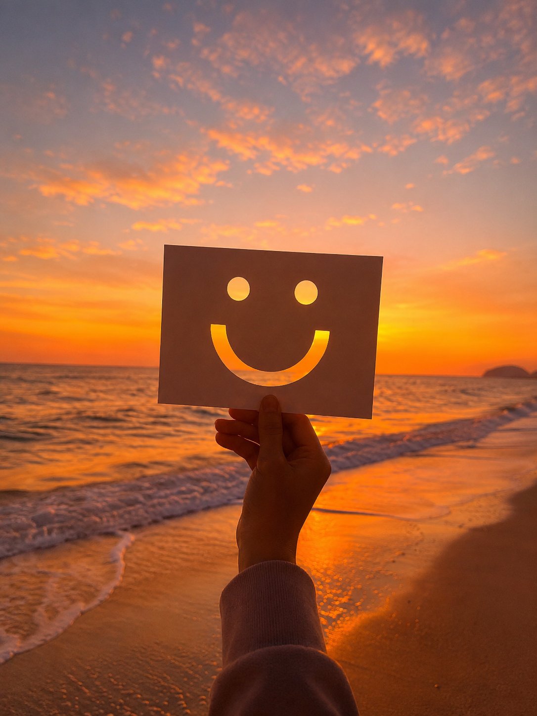 Persona sonriente sosteniendo un cartel con una sonrisa frente al amanecer, símbolo del cambio logrado con la hipnosis terapéutica