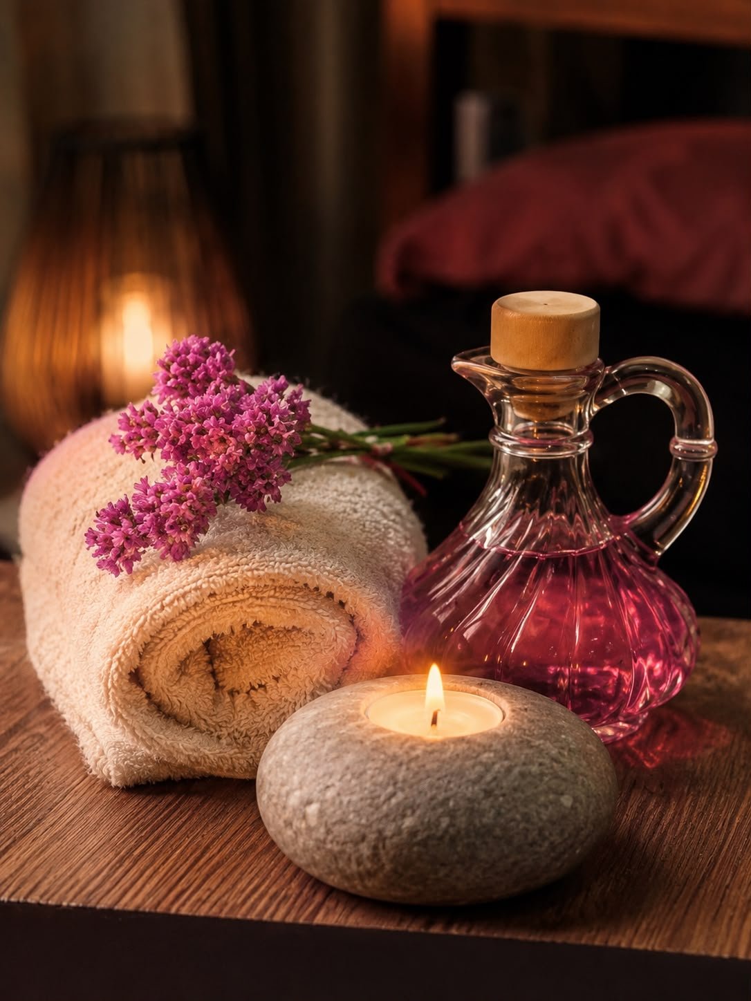 Toalla, flores, vela y aceite esencial, ambiente relajante para la reflexología podal